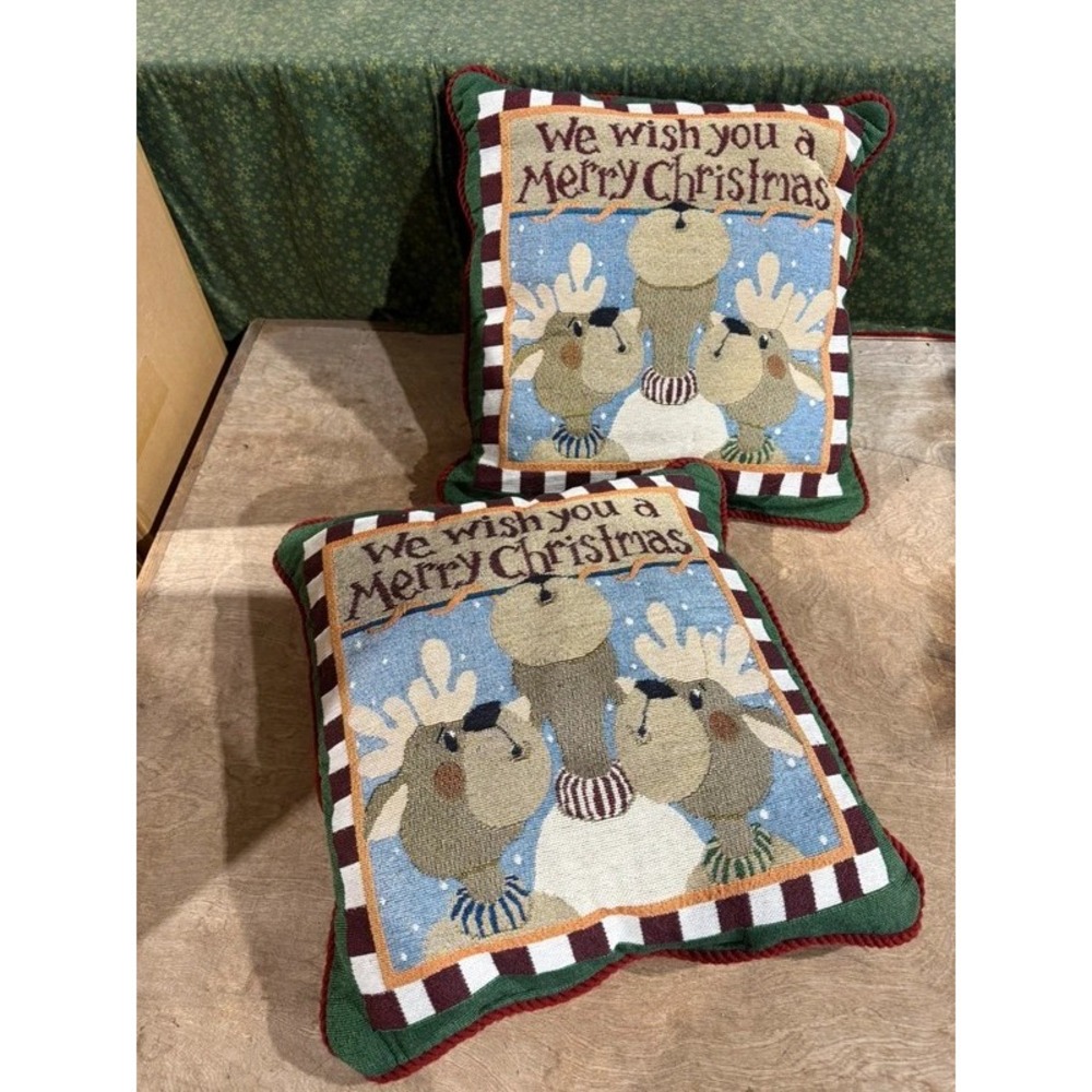 Matching Christmas Tapestry Reindeer Snowman Pillows 2PC 17x17